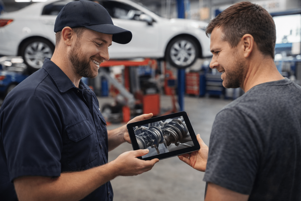 Mechanic explaining inspection photos to a customer inside a garage.