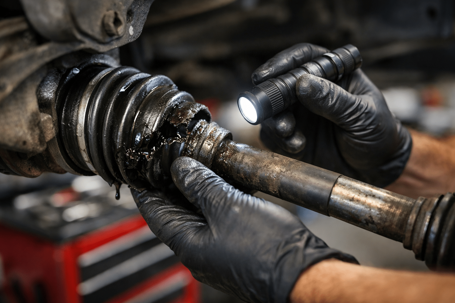 Mechanic inspecting a CV joint boot for damage using a flashlight in an auto workshop.