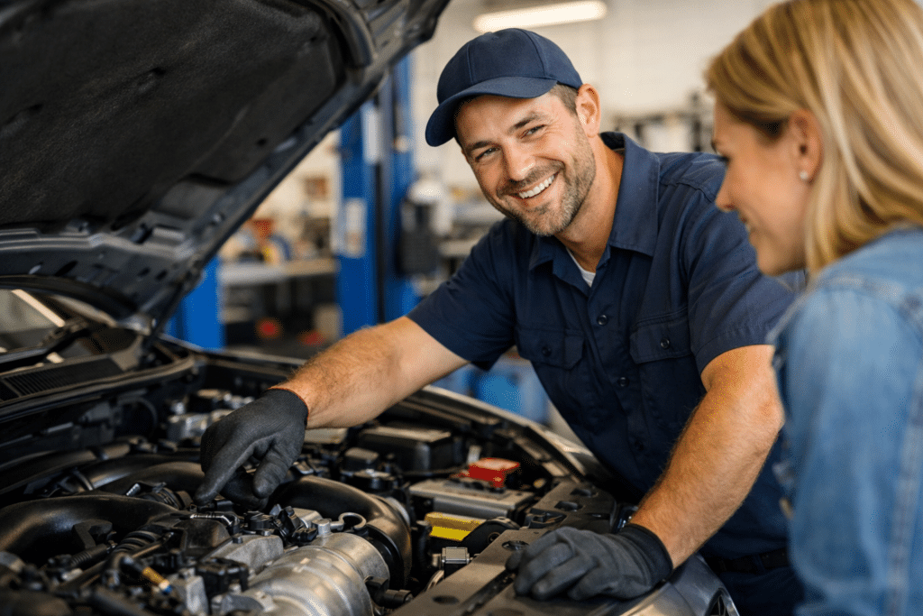 Friendly mechanic inspecting a car engine and explaining service details to a customer.