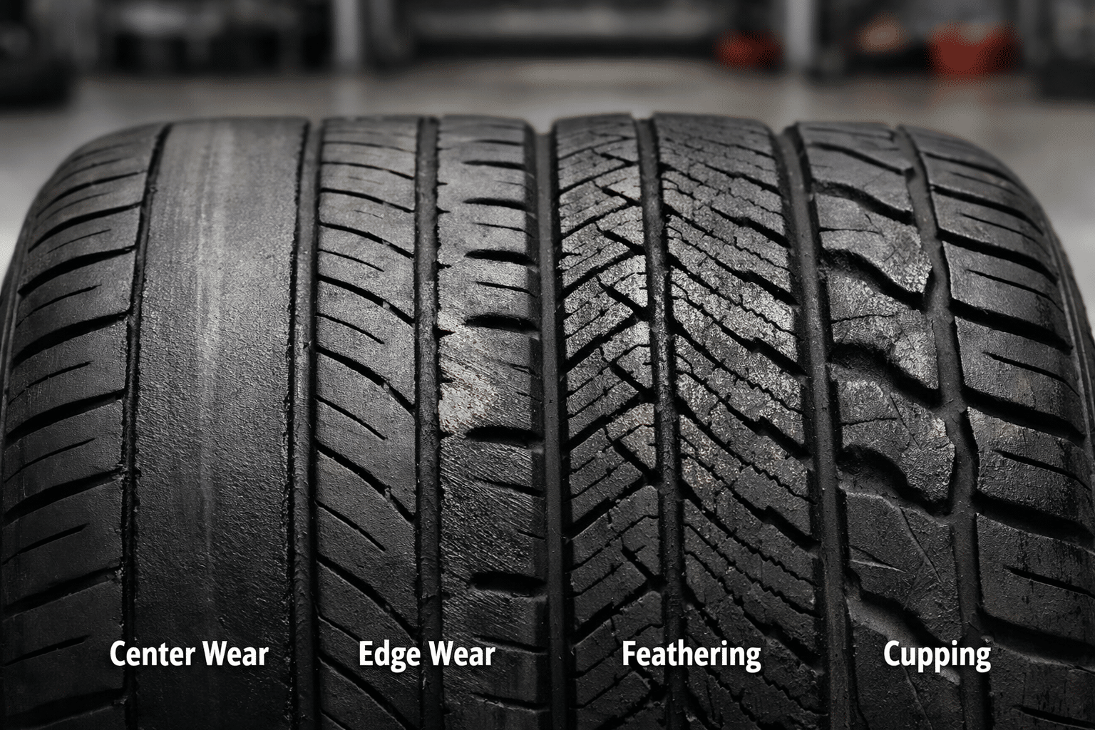 Close-up view of different tyre tread wear patterns that indicate alignment, inflation, and suspension issues.