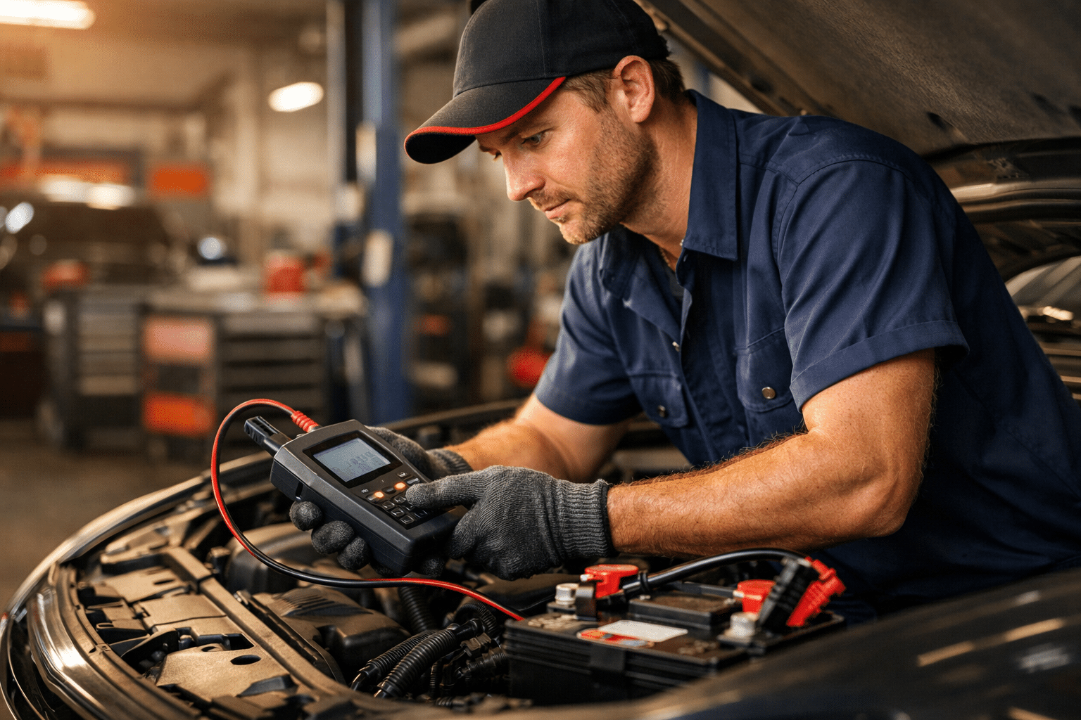Mechanic performing a professional battery diagnostic test on a car engine in an automotive workshop.