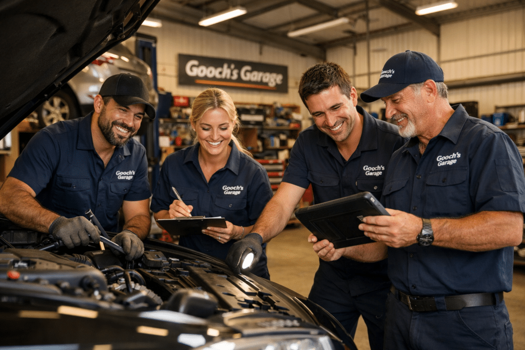 Friendly local mechanics inspecting a car inside a clean Ormeau workshop.