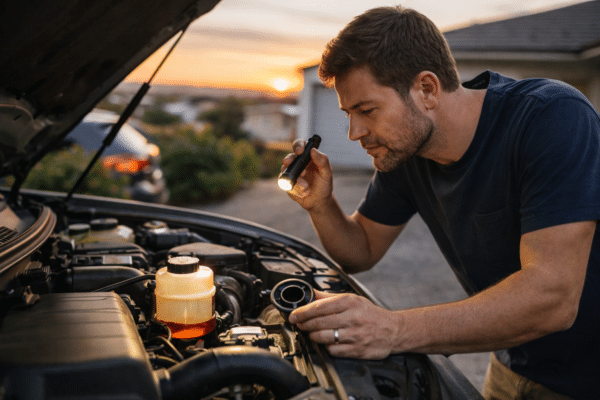 Driver checking power steering fluid level at home with a torch