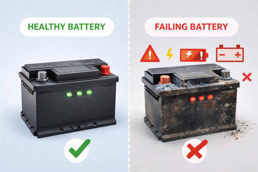 Side-by-side comparison of a healthy car battery versus a failing, corroded battery.