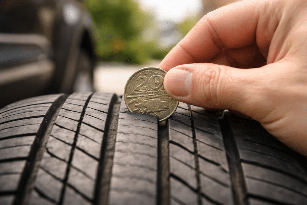 Checking tyre tread depth using an Australian 20-cent coin.