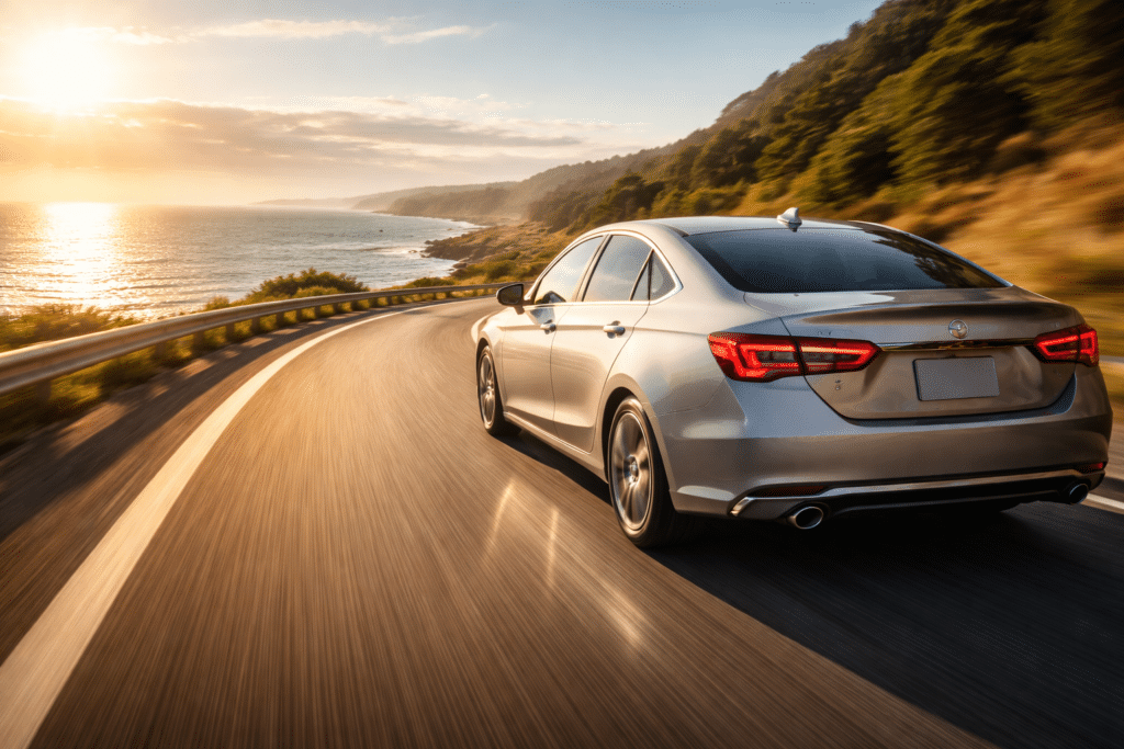 Serviced car driving confidently along a scenic coastal road.