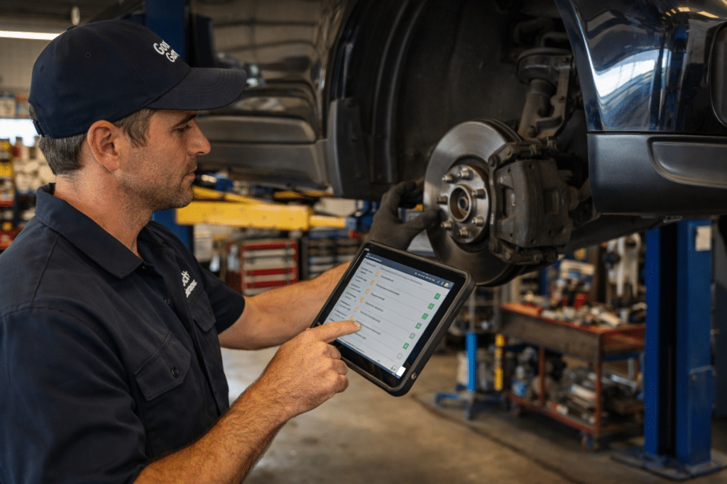 Mechanic completing a safety inspection on a car during a general service.