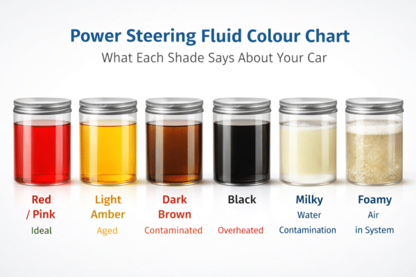 Power steering fluid colour chart showing healthy and warning fluid conditions