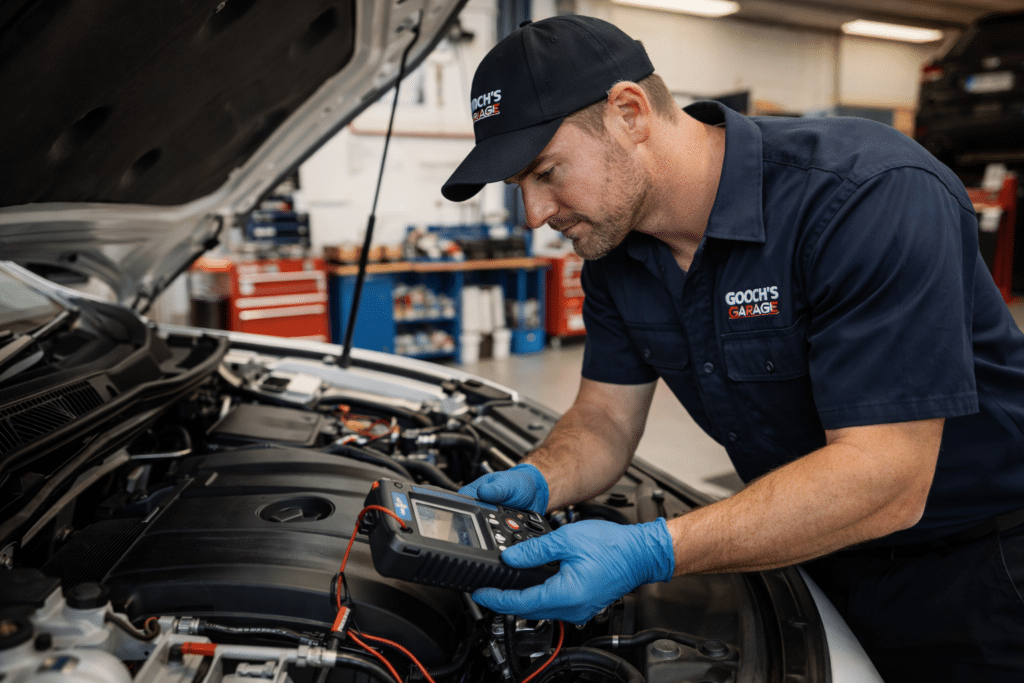 Qualified technician inspecting a vehicle engine during a general car service.