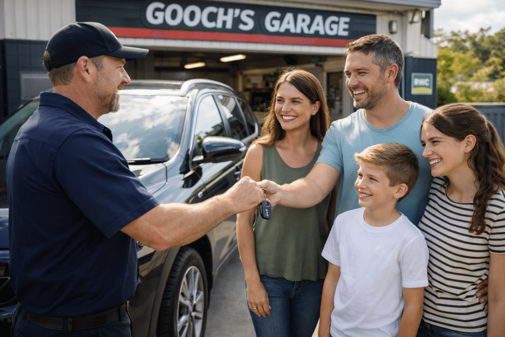 Local family collecting their car after a service at Gooch’s Garage.