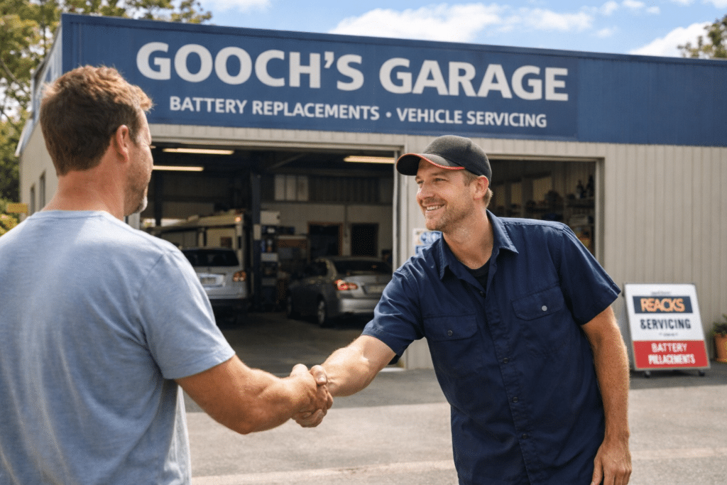 Exterior of a local automotive garage with a mechanic greeting a customer on a sunny day.