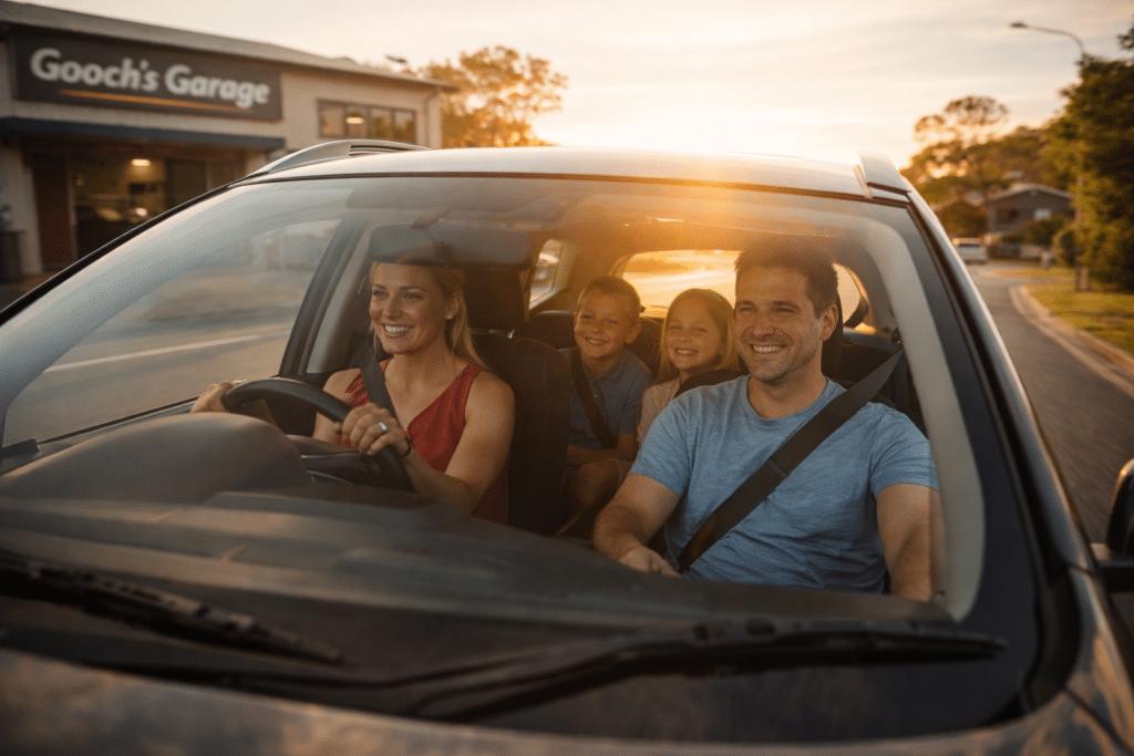 Family driving safely after a professional car service.